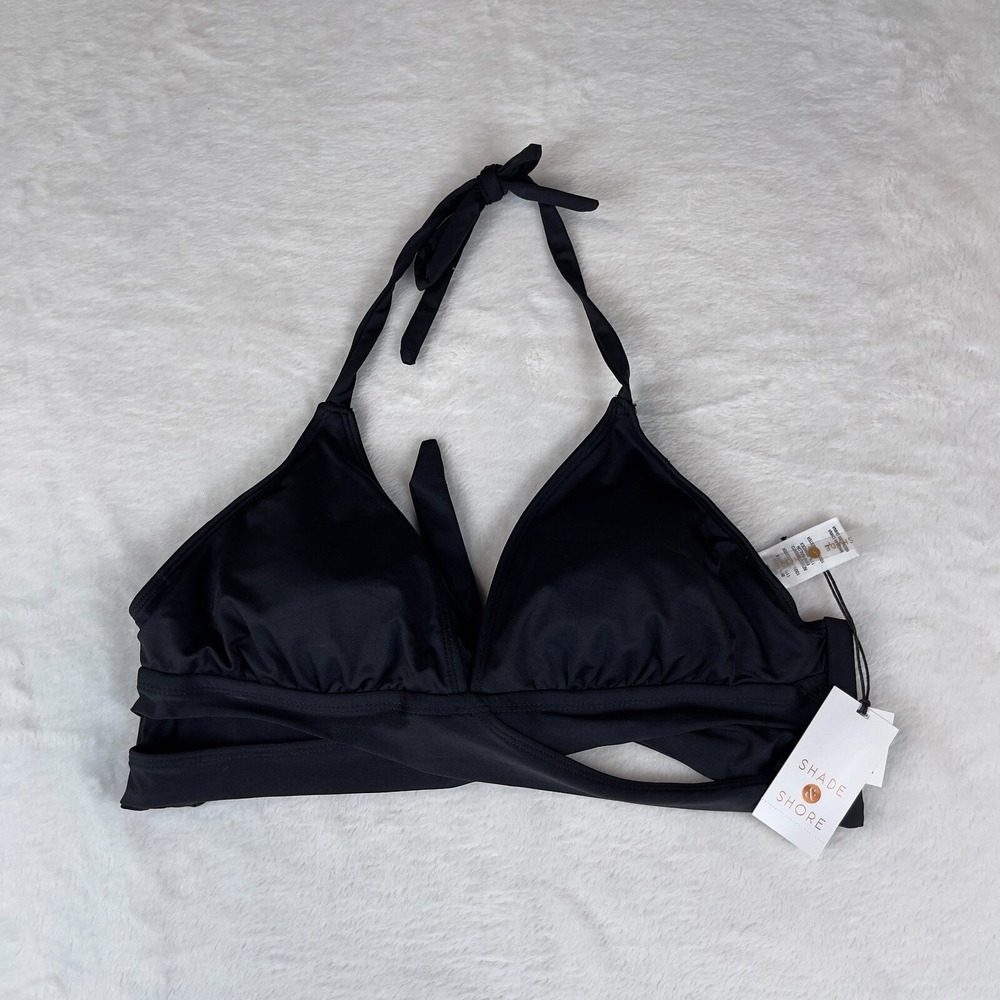 Shade &‎ Shore Triangle Bralette Bikini Top Womens Large Black Faux Wrap Halter